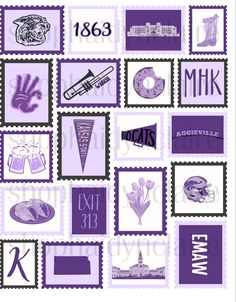 stamps with the words, letters and symbols in purple on them are part of an image