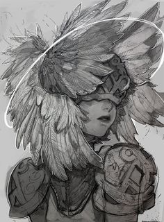 a drawing of a woman with feathers on her head and wings over her face, holding a