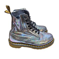 Dr. Martens 6 Holo Women's Leather Boots Rubber Sole Chunky Lace Up Like New Excellent Condition Shimmering Holographic Color 1460 Pascal Sparkle Sold Out Color From Retailer Holographic Color, Shoes Dr Martens, Leather Boots Women, Dr Martens Shoes, Martens Shoes, Moto Boots, Dr. Martens, Leather Boots, New Color