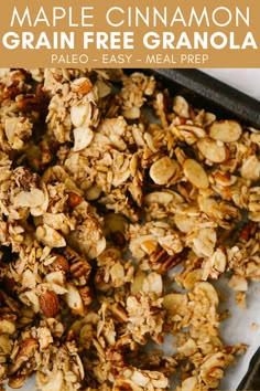 maple cinnamon granola in a pan with text overlay