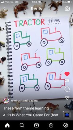 a notebook with an image of farm animals and tractor tires on the page that says tractor tires