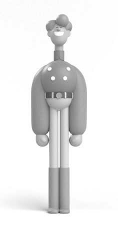 a gray and white robot standing in front of a white background