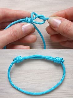 two pictures showing how to tie a bracelet with blue string and an image of someone tying it