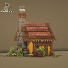 a low poly model of a small yellow house with a brick chimney and door, in front of a brown background