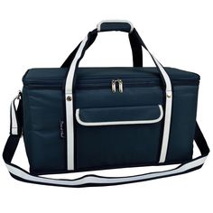 a large blue bag with white trim on the side and two zippered compartments,