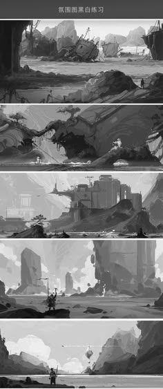 the concept art for an upcoming video game, with several different scenes in black and white