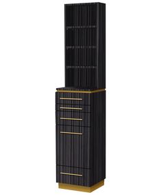 a tall black cabinet with gold trimmings on the top and bottom, against a white background