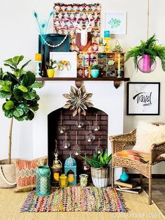 a living room filled with lots of furniture and plants on top of a fireplace mantel