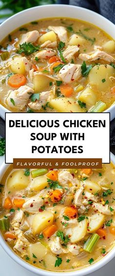 delicious chicken soup with potatoes in a white bowl