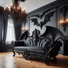 an ornate black and white living room with chandelier