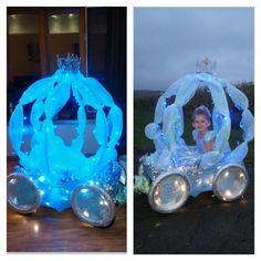 two pictures one is an ice covered carriage and the other has a frozen princess in it