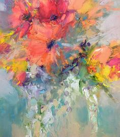 an abstract painting with flowers in it