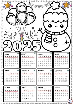 a calendar for the new year with balloons and stars on it, in black and white