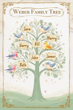 a family tree with birds on it and the names of their families in different languages