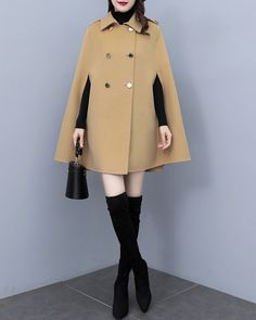 * A cool wool cape coat, very elegant. * With double breasted gold buttons, very beautiful. * If you want black buttons, please let us know, thanks. * Material: out shell - 50% wool, 50% polyester; lining - 100% polyester * Care: dry cleanable * Shop sizing chart FYI ( made according to US sizing. actual body figures, not laying flat clothes measurements) Size XS (US 2, UK 6, German 32, French 34, ) Bust: fits bust around 33.5 inches/85cm Waist: fits waist around 26 inches/66cm Hips: fits hips a Elegant Cape-style Outerwear With Buttons, Elegant Wool Capelet For Winter, Elegant Fall Cape With Buttons, Chic Winter Wool Cape Coat, Elegant Winter Workwear Capelet, Elegant Long Coat Cape For Winter, Elegant Winter Long Coat Cape, Elegant Long Winter Cape, Beige Cape For Winter Workwear