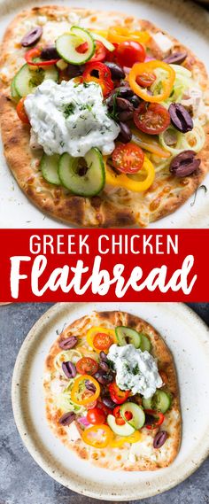 greek chicken flatbread pizza with cucumbers, tomatoes, olives and sour cream