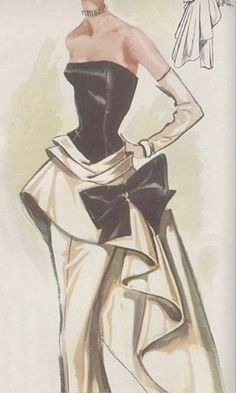 a drawing of a woman in a black and white dress