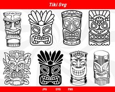 tiki masks with different designs and colors on the front, side, and back