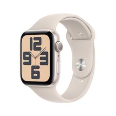 an apple watch with white band and black numbers on the face, is shown in front of a white background