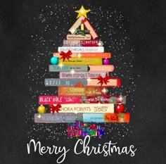 a christmas tree made out of books with the words merry christmas written on it