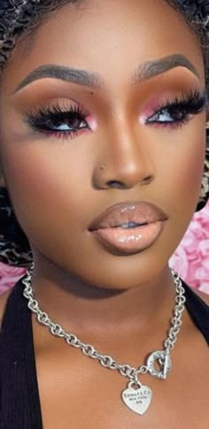 Makeup For Black Women Eye Shadow, Barbie Birthday Makeup, Soft Barbie Makeup Look, Pink Eye Looks Black Women, Graduation Makeup Looks Black Women, Pink Makeup Look Black Women, Prom Makeup Black Women Pink, Makeup Ideas Under Eyes, Makeup With Pink Under Eye