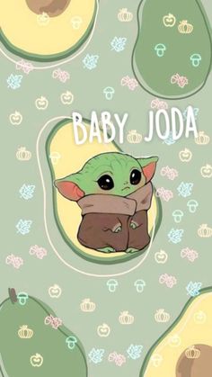 the baby yoda is peeking out from between two pears on a green background