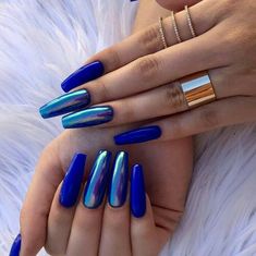 Nail Art Bleu, Blue Chrome Nails, Blue Nail Art Designs, Blue Coffin Nails, Dark Blue Nails, Blue Acrylic Nails, Blue Nail Art, Blue Nail Designs, Blue Nail