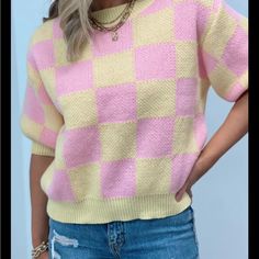 Bibi Checker Cropped Sweater. Pink / Yellow. Size S. Nwt. Check Pattern, Short Sleeved Sweater In The Pastel Pink & Yellow. Round Neck Puff Sleeves Heavy Knit Never Worn- New With Tag. Smoke Free Home. Cute Yellow Sweater For Fall, Cute Yellow Fall Sweater, Trendy Yellow Spring Sweater, Yellow Sweater For Day Out In Spring, Fringe Sweatshirt, Patchwork Sweater, Oversized Turtleneck Sweater, Waffle Knit Sweater, Floral Sweater