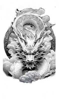 an artistic drawing of a dragon with clouds in the background and water droplets on its body