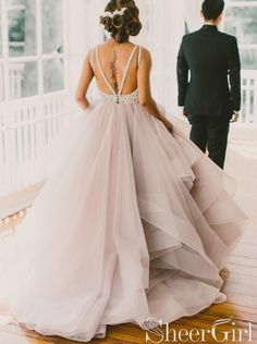 Crossed Back Straps Ball Gown Layered Organza Wedding Dress AWD1601-SheerGirl Affordable Bridal Dresses, Wedding Gown A Line, Sweep Train Wedding Dress, Custom Wedding Gown, Wedding Dress Organza, Organza Wedding Dress, Open Back Wedding Dress, Organza Wedding, Long Prom Gowns