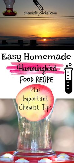 the ingredients for homemade hummingbird food recipe are displayed in front of an orange sunset