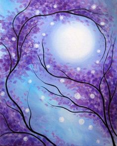 an abstract painting of purple trees against a blue sky with white stars and bubbles in the background