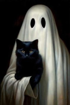 a black cat sitting in front of a ghost