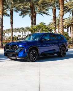 a blue bmw suv parked in front of palm trees