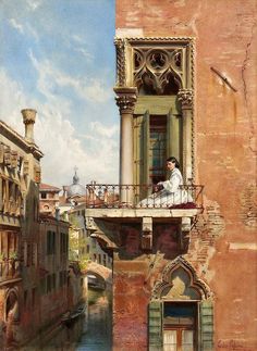 a painting of a man sitting on a balcony next to a building and looking out the window