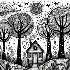 a black and white drawing of a cabin in the woods with trees, stars and swirls