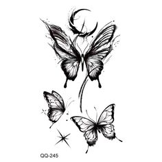 three butterflies with the moon and stars on their wings, one is drawn in black ink