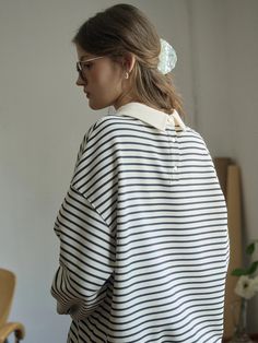 Luella SR Logo Embroidered Contrast Collar Striped Sweatshirt Sr Logo, Stripe Sweatshirt, Striped Sweatshirt, Simple Retro, Pre Fall Collection, Striped Sweatshirts, Contrast Collar, Logo Embroidered, Vintage Tshirts