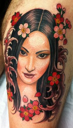 Woman with flowers by Chris Garver Japanese Portrait Tattoo, I Need A New Tattoo, Japanese Portrait, Flesh Art, Skull Girl Tattoo, Famous Tattoo Artists, Miami Ink, Geisha Tattoo