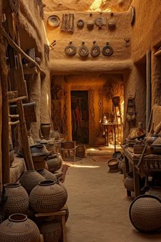 a room filled with lots of pots and vases