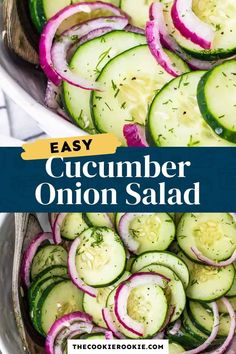 an easy cucumber onion salad in a white bowl with the title overlay