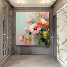 a large painting hanging on the wall next to a door in a room with marble floors