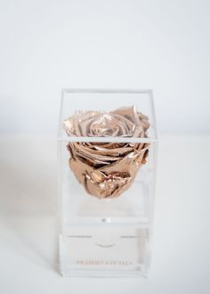 a clear box with gold foil roses in it