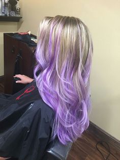 Purple Hair Ideas Blonde, Purple Hair With Blonde Underneath, Blonde With Colorful Highlights, Blonde Hair Color Ideas Purple, Purple Hair For Blondes, Blonde Hair With Color Underneath Ideas, Blonde Hair With Colored Peekaboos, Purple And Silver Highlights, Lilac Purple Hair Highlights