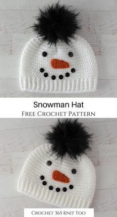 two crocheted snowman hats with black pom - poms on them