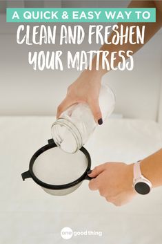 a woman is cleaning her mattress with a spray bottle and the words, a quick & easy way to clean and freshen your mattress