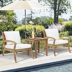 two chairs and an umbrella near a swimming pool