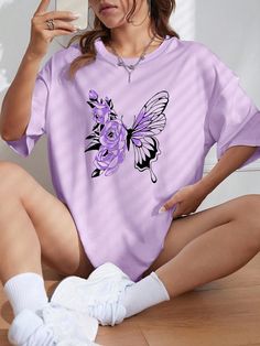 Tween Girl Retro American Style Purple Butterfly Design T-Shirt, Short Sleeves, Slouchy & Comfortable Summer Fashion Purple Casual  Short Sleeve Fabric Animal,Plants,Butterfly  Medium Stretch  Tween Girls Clothing, size features are:Bust: ,Length: ,Sleeve Length: Fabric Butterfly, Girls T Shirts, Drop Shoulder Tee, Butterfly Shirts, Graphic Tops, Inspiration Mode, Casual Girl, Butterfly Print