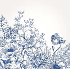 a blue and white drawing of flowers on a white background