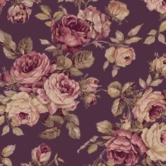 a purple floral wallpaper with pink roses on it